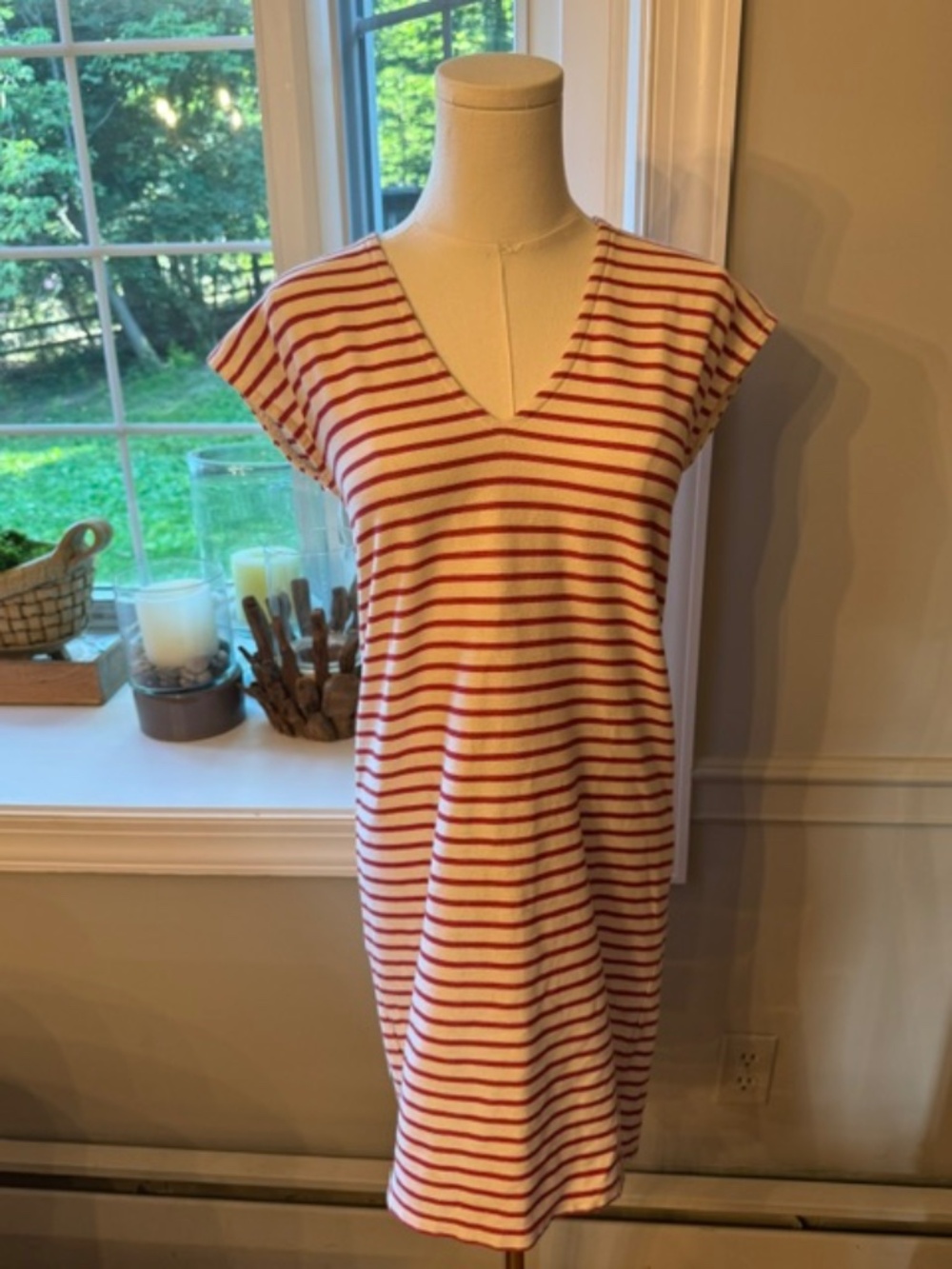 Madewell Red Stripe T Shirt Dress XS Cotton V Neck Casual Summer Shift Dress